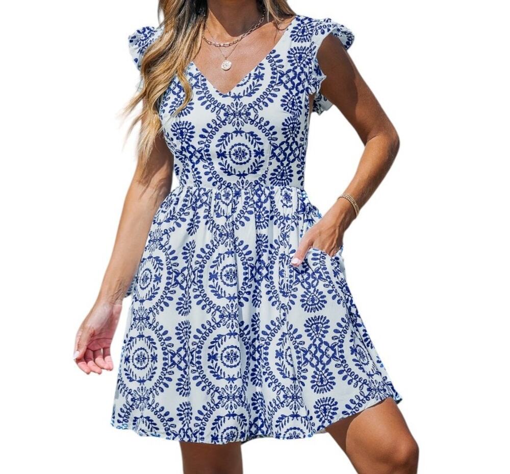 Cupshe Blue & White Ornate Flutter Sleeve V-Neck Mini Dress Size L